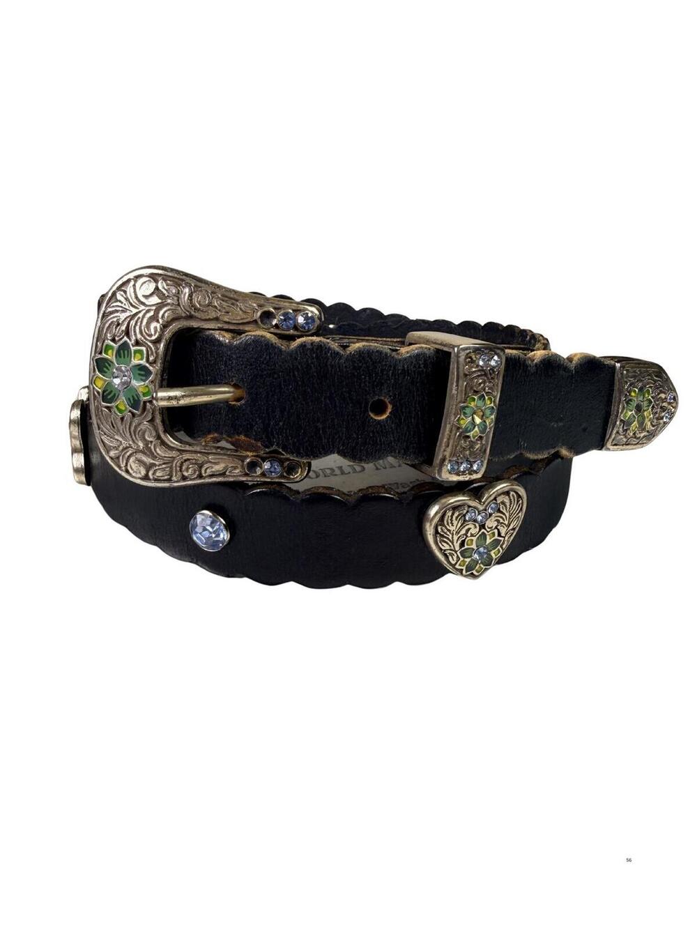 Vintage Western Leather Belt Floral Rhinestone Concho Scalloped Black